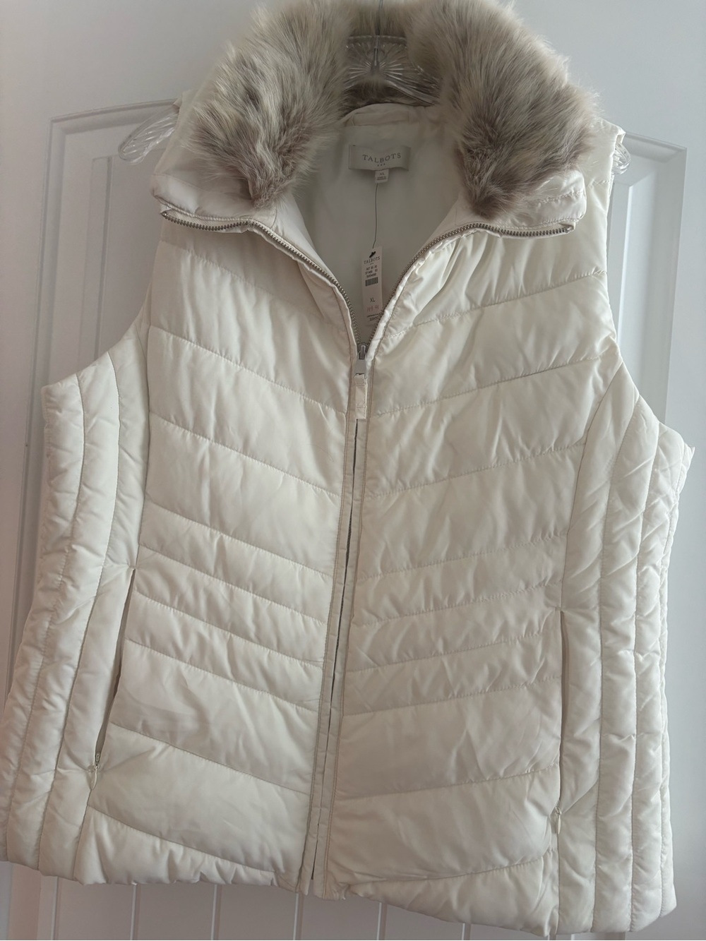 Talbots Ivory Quilted Puffer Vest with Faux-Fur Collar